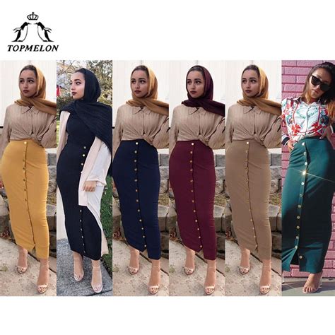 TOPMELON Muslim Pencil Skirt Women Long Solid Bottoms Fashion Package Skirts Buttons Decorated
