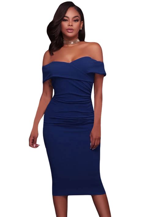 Royal Blue Ruched Off Shoulder Bodycon Midi Dress Modest Pleated