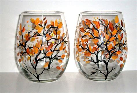 Hand Painted Wine Glasses Fall Leaves Autumn Fall Trees Set Of 2 21 Oz