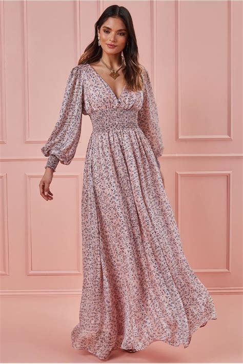 Goddiva Long Sleeve Floral Print Maxi With Shirred Waistband Blush Long Sleeve Floral