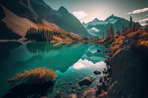 Premium Ai Image Picturesque View Of A Tranquil Lake And Mountain