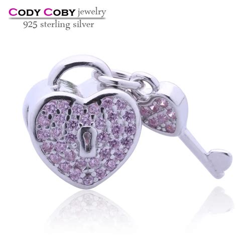 Padlock Pave Sterling Silver Lock Of Love Charms With Pink Cz Beads Fit Diy Bracelet For