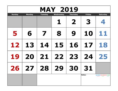 Ideal for use as a school calendar, church calendar, personal planner, scheduling reference, etc. Printable May 2019 Calendar Template, Landscape Format ...