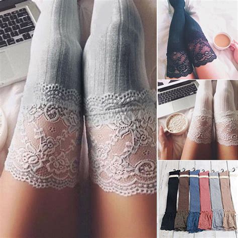 Sexy Women Stockings Lace Over Knee Thigh High Cotton Vertical Stripes