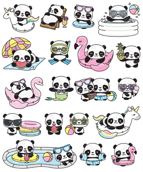 Premium Vector Clipart Kawaii Panda Cute Panda Pool Party Etsy México Cute Panda Drawing