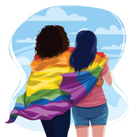 Lesbian Couple Hugging With Pride Lgbtq Flag Vector Art At