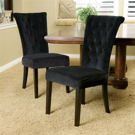 Set Of 2 Rolled Top Backrest Black Tufted Velvet Fabric Dining Chairs