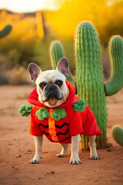 Premium Ai Image French Bulldog Dog Dressed Up With Funny Cactus