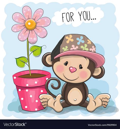 Greeting Card Cute Cartoon Monkey With A Flower Vector Image
