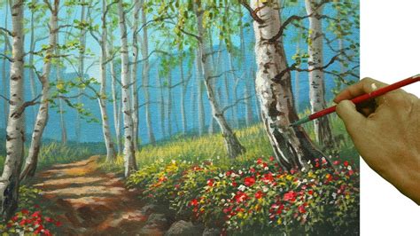 Acrylic Landscape Painting Tutorial Birch Tree Forest With Flowers By