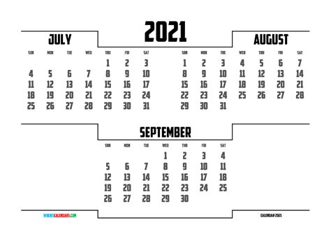 July August September 2021 Calendar Free July August September 2021