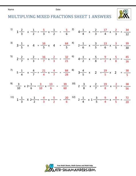Multiplying Fractions And Mixed Numbers Worksheet Answer Key
