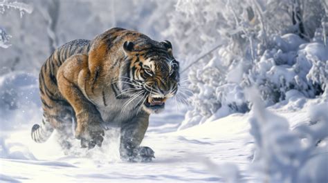 Snowy Tiger Tiger In Snow Winter Wildlife Aggressive Tiger Large Wild Cat In Winter