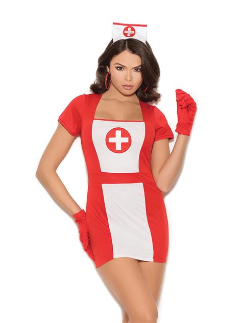 Naughty Nurse 3 Pc Costume Includes Mini Dress Head Piece And Gloves Color Red White