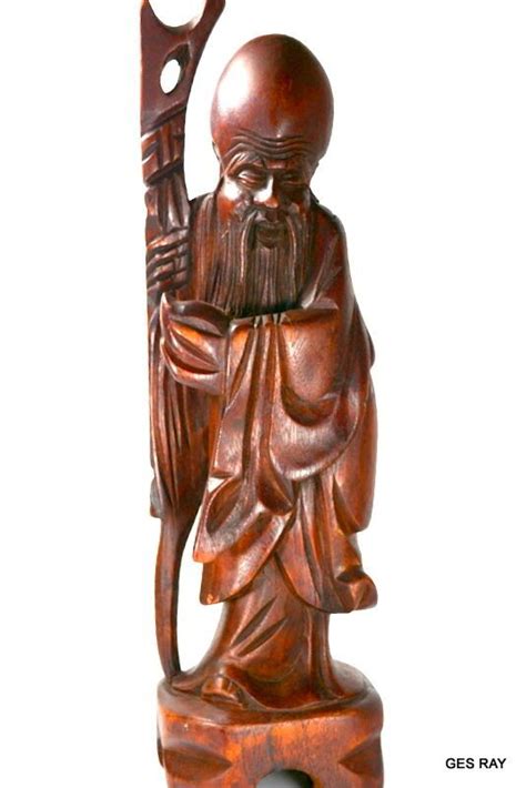 Hand Carved Wooden Chinese Wise Man With Walking Stick Shou Lao