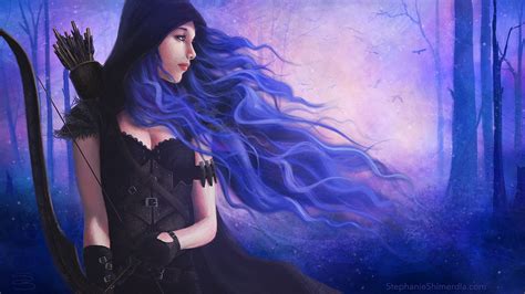 Wallpaper Digital Art Women Hunter Warrior Blue Hair Arc Arrows Painting Fantasy Girl