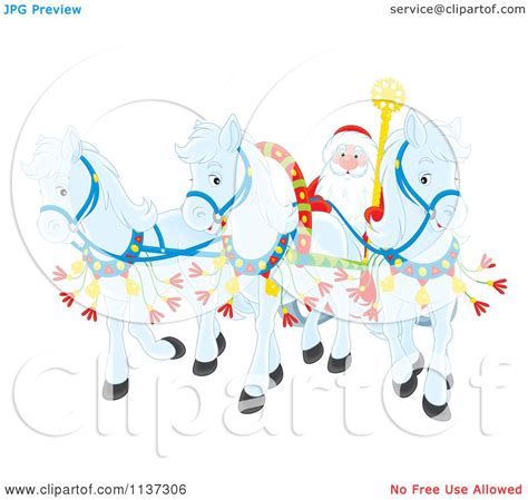 Cartoon Of Santa With White Ponies Pulling His Sleigh Royalty Free Clipart By Alex Bannykh
