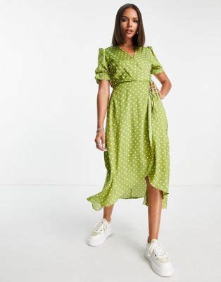 AX Paris Polka Dot Wrap Midi Dress In Lime ASOS