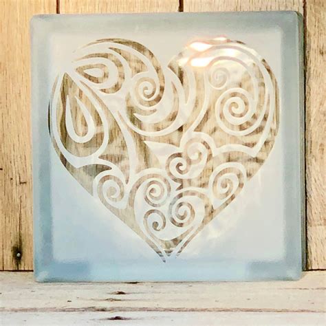 Heart Etched Glass Block Filligree Heart Etched Glass Block Etsy