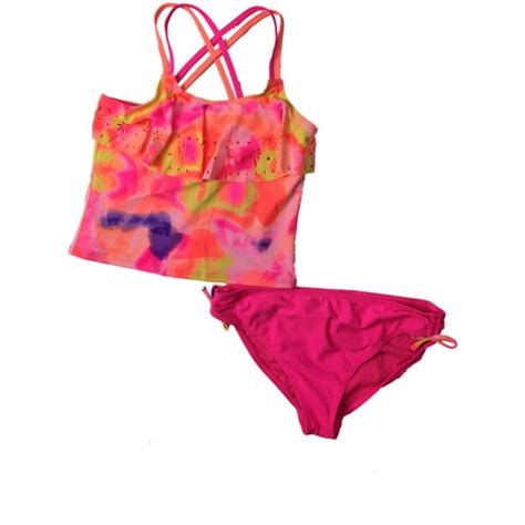 Angel Beach Girls Plus Neon Flamingo And Palm Tree 2pc Swimming Suit