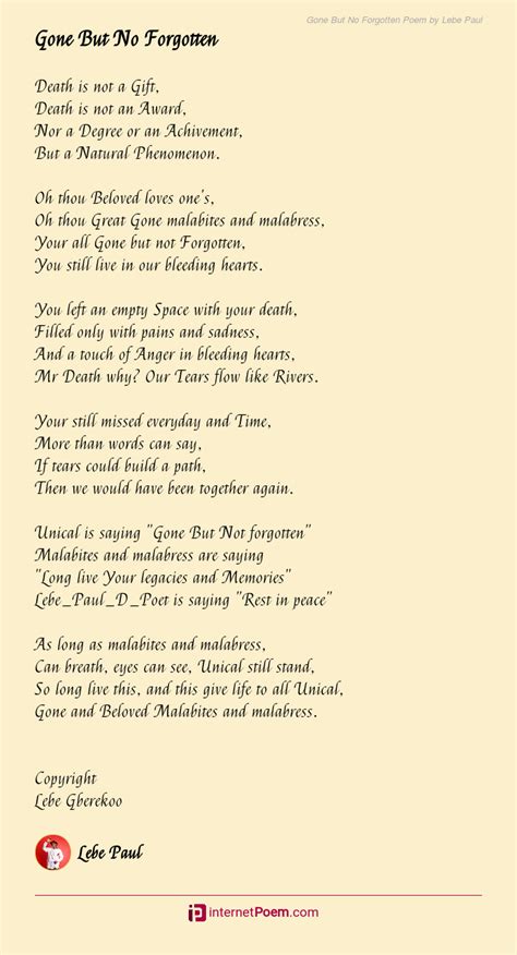 Gone But No Forgotten Poem By Lebe Paul