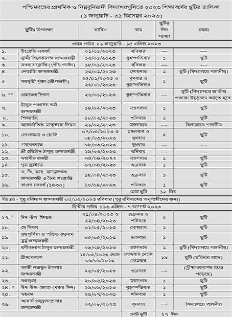 Pdf Wb Primary School Holiday List 2023west Bengal Primary School
