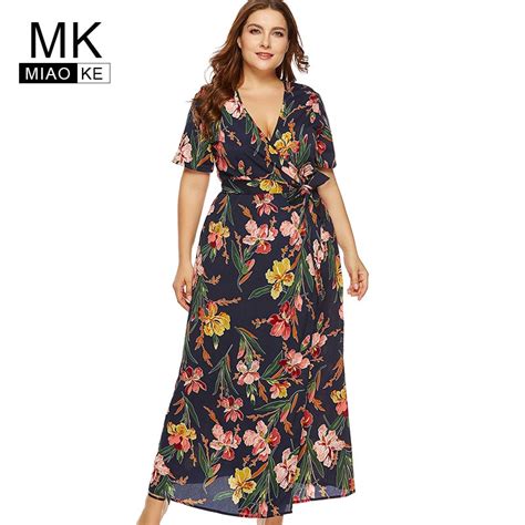 Miaoke Summer Plus Size Long Print Floral Party Dress Women High