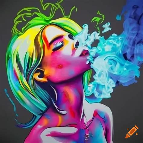 Vibrant Graffiti Of A Girl Blowing Rainbow Smoke