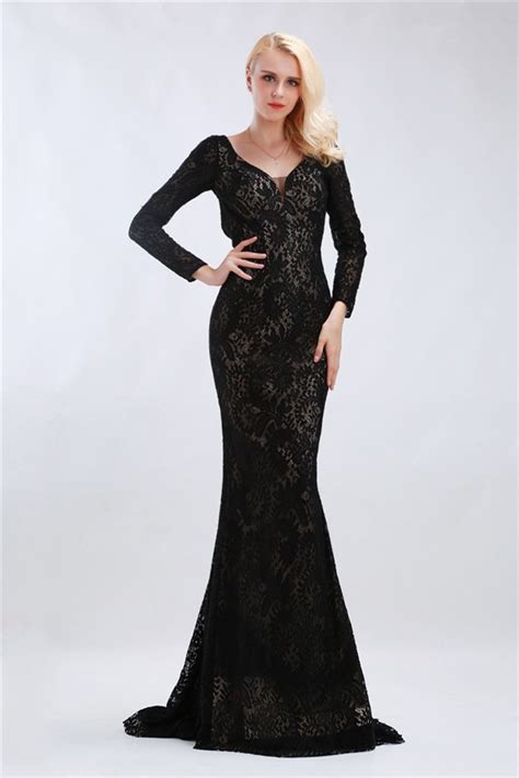 Fitted V Neck Open Back Long Sleeve Black Lace Formal Occasion Evening