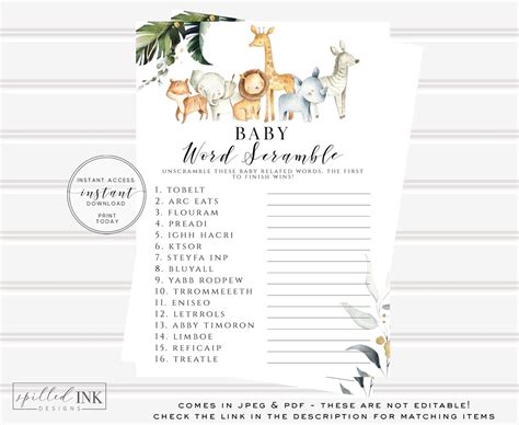 Baby Word Scramble Game Safari Baby Shower Games Safari Etsy