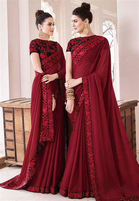 Maroon Silk Embroidered Saree With Blouse 35861