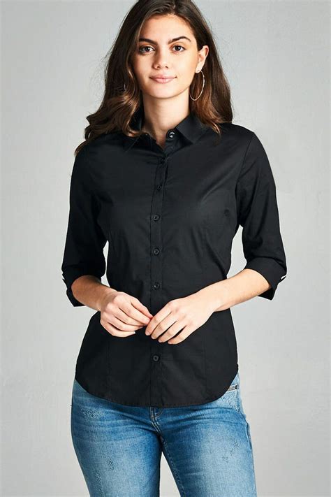 Women S Classic 3 4 Sleeve Stretch Button Down Collar Dress Work Shirt Blouse Ebay