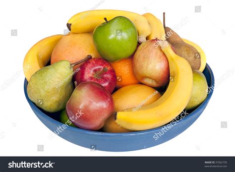 Blue Bowl Of Fresh Fruit Isolated On White Includes Bananas Mango