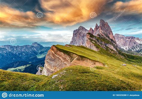 Amazing Dolomites Mountains Landscape During Sunset View Of Seceda