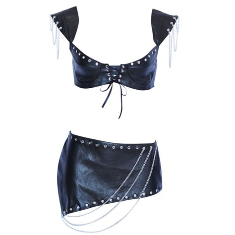 Black Faux Leather Lingerie Set Women Chains Sexy Erotic Underwear Lace