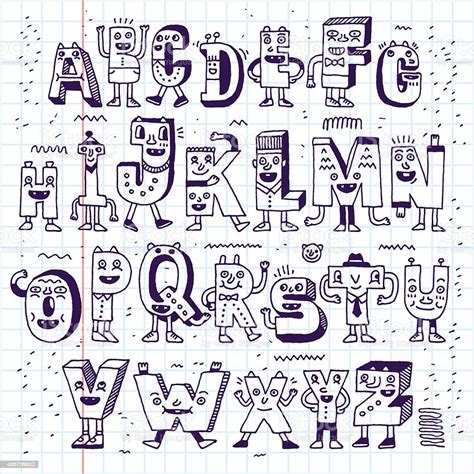 Fantastic Funny Alphabet Wacky Doodle Letters Design Set Stock