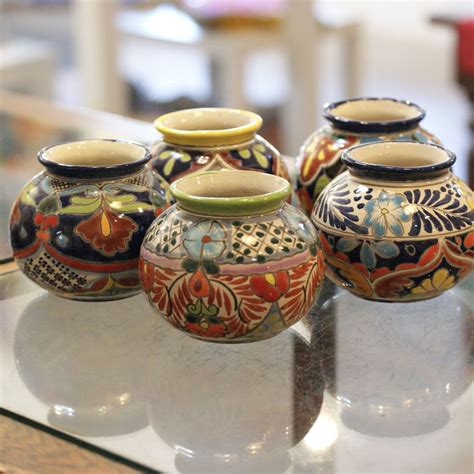 Small Round Mexican Talavera Flower Vases Zinnia Folk Arts