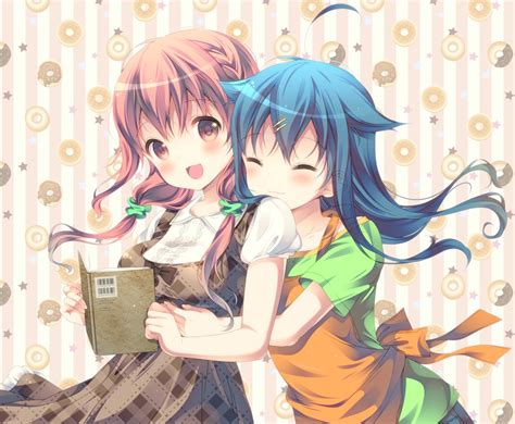 2girls Aliasing Apron Blue Hair Blush Book Bow Braids Breasts Dress Hinako Note Hug Long Hair