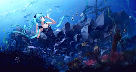 Wallpaper Illustration Sea Long Hair Anime Girls Dress Fish Vocaloid Hatsune Miku