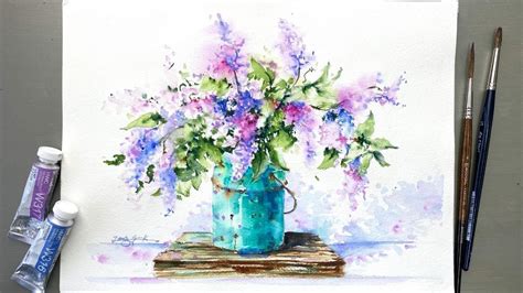 Lilac In A Vase Watercolor Painting Flowers Tutorial For Beginner Step