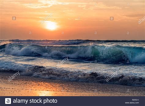 Sunset On The Beach Beautiful Seascape With Ocean Waves Flock Of