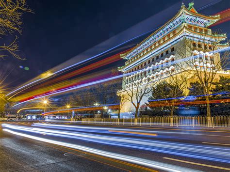 Ciudad En La Noche Líneas Ligeras Carretera Edificios Pekín China