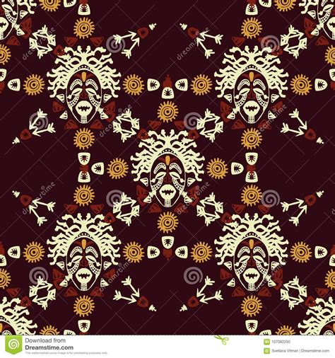 Hand Drawn Vector Seamless Pattern With Tribal Mask Ethnic Stock