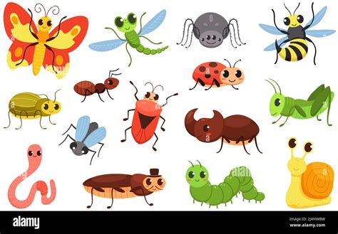 Cartoon Insects Happy Bugs Cute Little Beetle And Smiled Caterpillar
