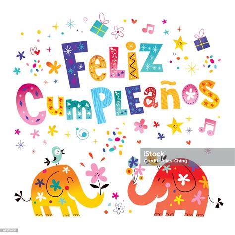 Feliz Cumpleanos Happy Birthday In Spanish Greeting Card Stock Vector