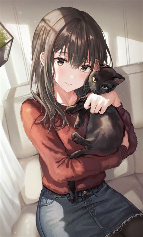 Download 480x854 Beautiful Anime Girl Black Cat Sweater Brown Hair
