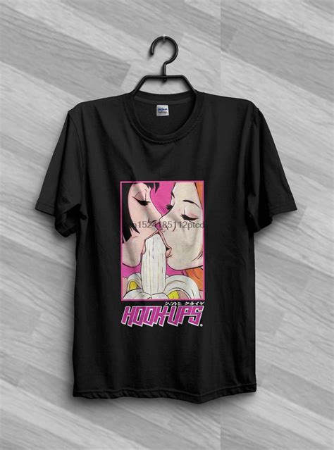 Vintage Hook Ups Style 2 Girls Eat Banana Anime Hentai Black T Shirt