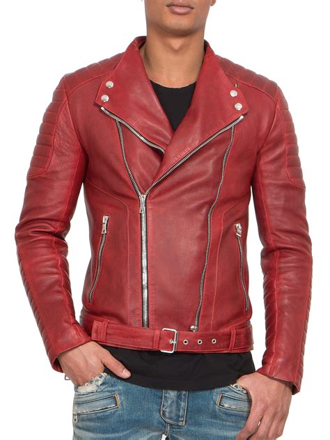 Lyst Balmain Quilted Leather Biker Jacket In Red For Men