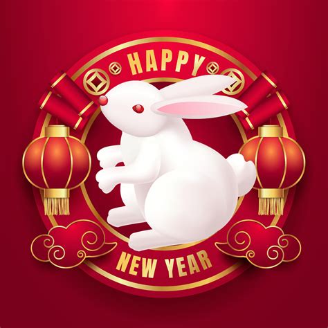 The Year Of The Rabbit Greeting Card Template 2023 With White Rabbit Chinese Lantern And Cloud
