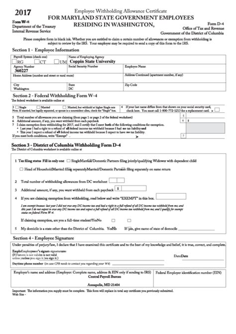 Fillable Form W 4 Form D 4 Employee Withholding Allowance